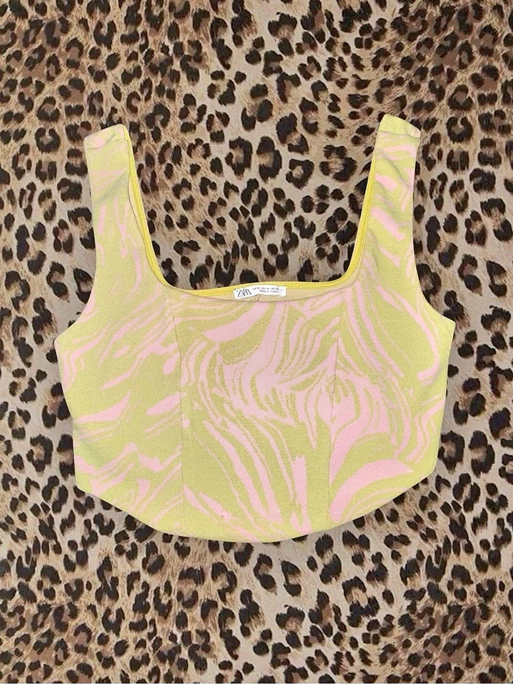Zara Animal Print Bikini Top in Green & Pink Medium Like New